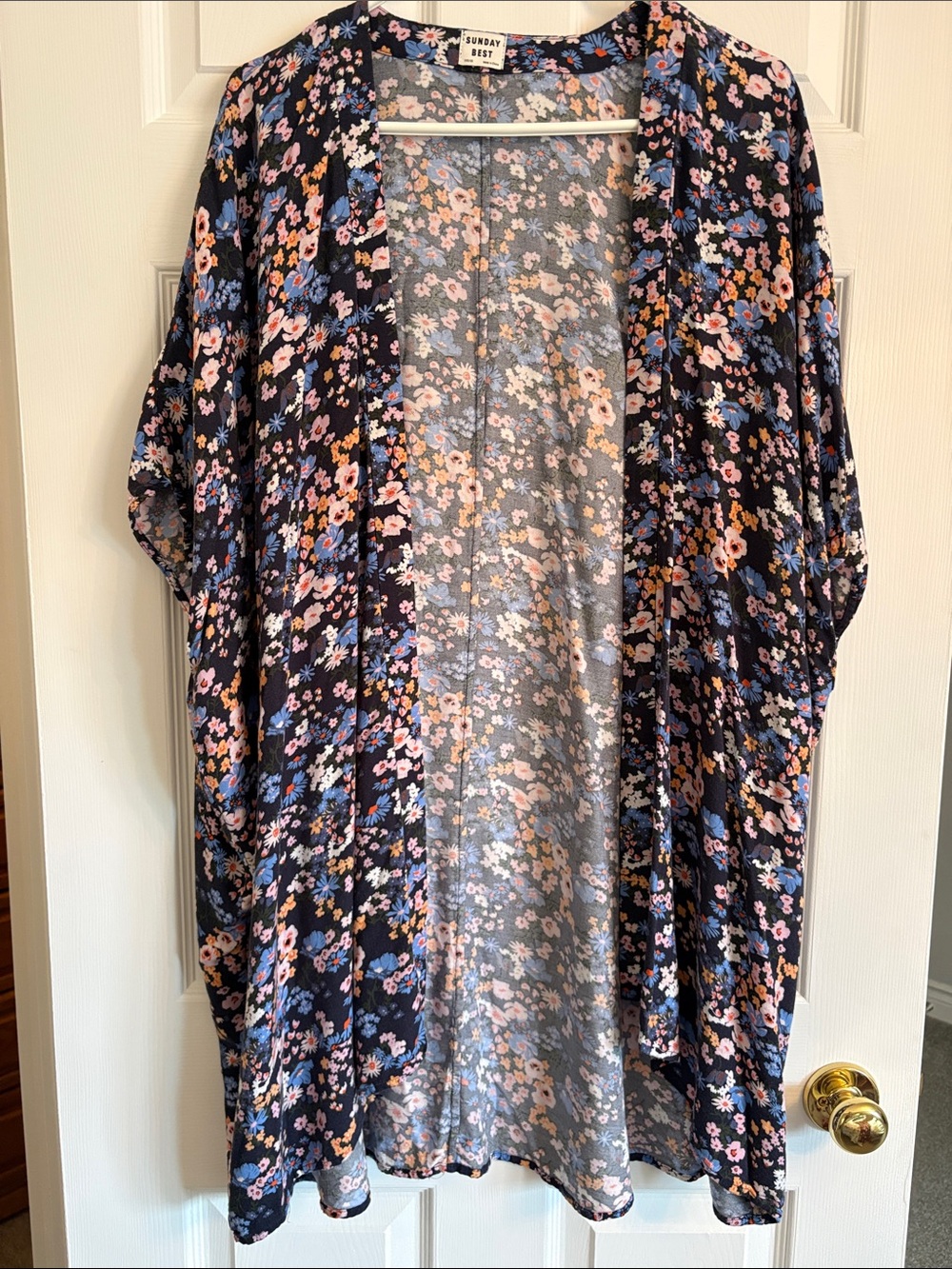 SUNDAY BEST Navy Floral Open-Front Kimono with Pink & Blue Blossoms